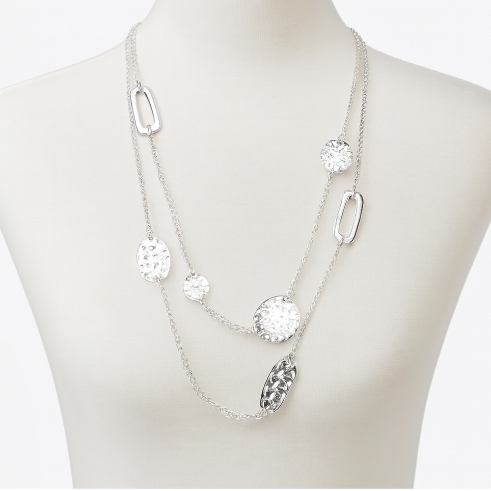 Women’s Silver Hammered Disc Hoop Necklace – Layered Textured Long Design 40"